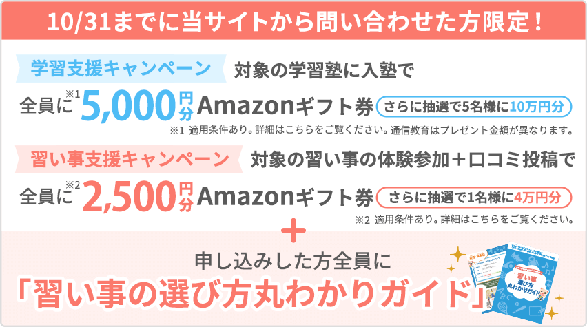 【学習支援キャンペーン】 当サイトから入塾した方全員に5,000円分Amazonギフト券プレゼント! (※一定の条件を満たす必要がございます)