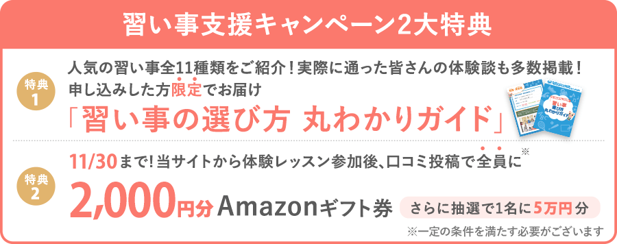 【習い事支援キャンペーン】 体験後口コミ投稿で、全員に2,000円分Amazonギフト券プレゼント! (※一定の条件を満たす必要がございます)